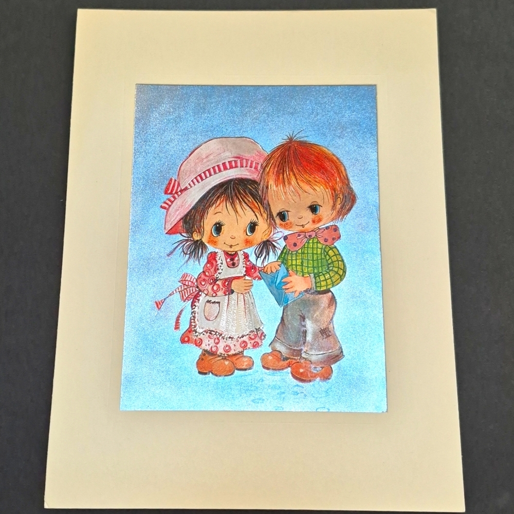 Vintage Dufex England Foil Art Print Big Eyed Children envelope Retro 60's